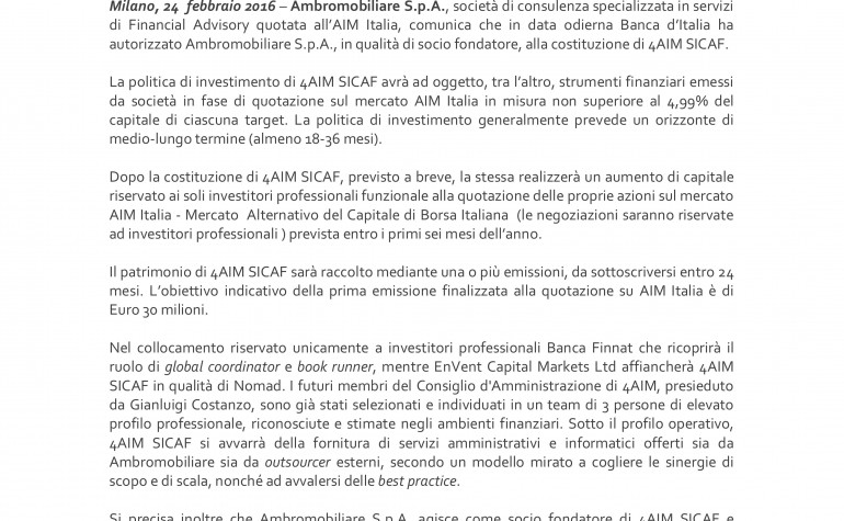 Banca d’Italia autorizza 4AIM SICAF all’esercizio del servizio di gestione collettiva del risparmio