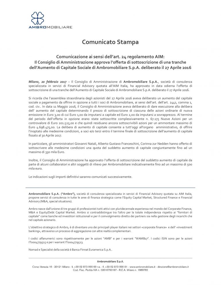 Comunicato Stampa CdA approva l’offerta di sottoscrizione di una tranche dell’Aumento di Capitale deliberato il 27 Aprile 2016