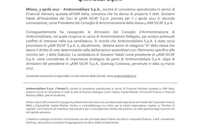 Ambromobiliare candida Giovanni Natali alla presidenza di 4AIM Sicaf