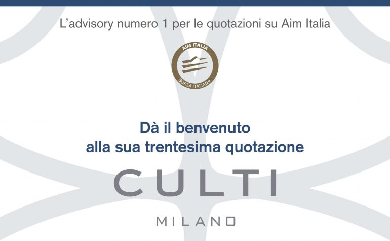 Pagina pubblicitaria per il 1° giorno di negoziazione di CULTI Milano pubblicato su MF del 15 luglio 2017