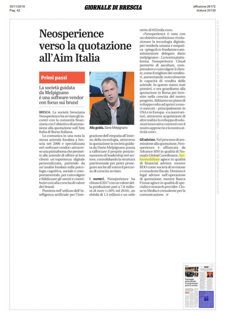 Giornale di Brescia 30 novembre 2018