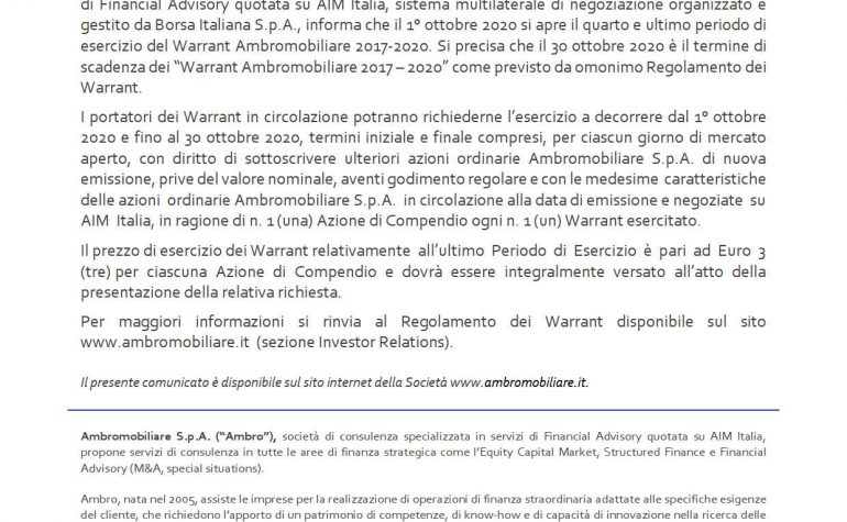 Ultimo periodo d’esercizio Warrant Ambro 2017-2020